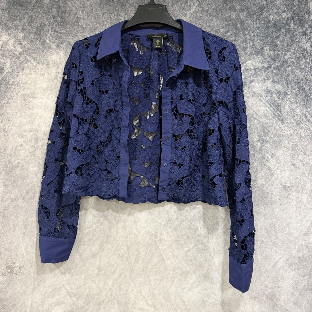 House of Harlow 1960 Women's XS Blue Lace Crochet Button Down Crop Blouse Top